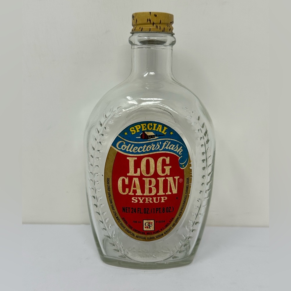 Vintage Log Cabin Syrup Collectors Flask Benjamin Franklin Clear Glass Bottle A0